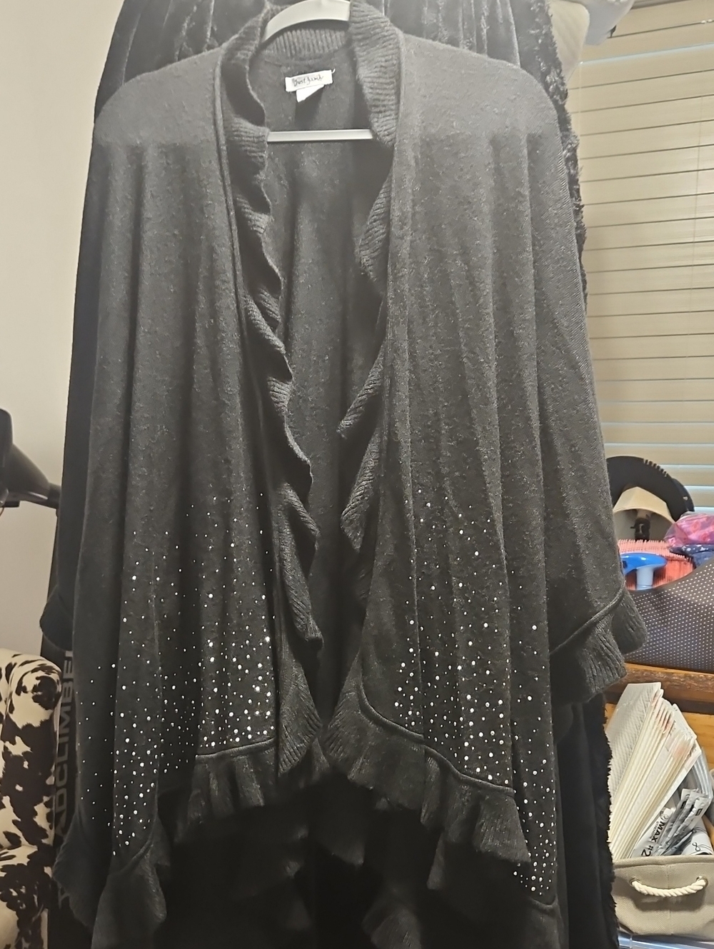 Sparkle Ruffle Open-Front Wrap Cardigan - Black